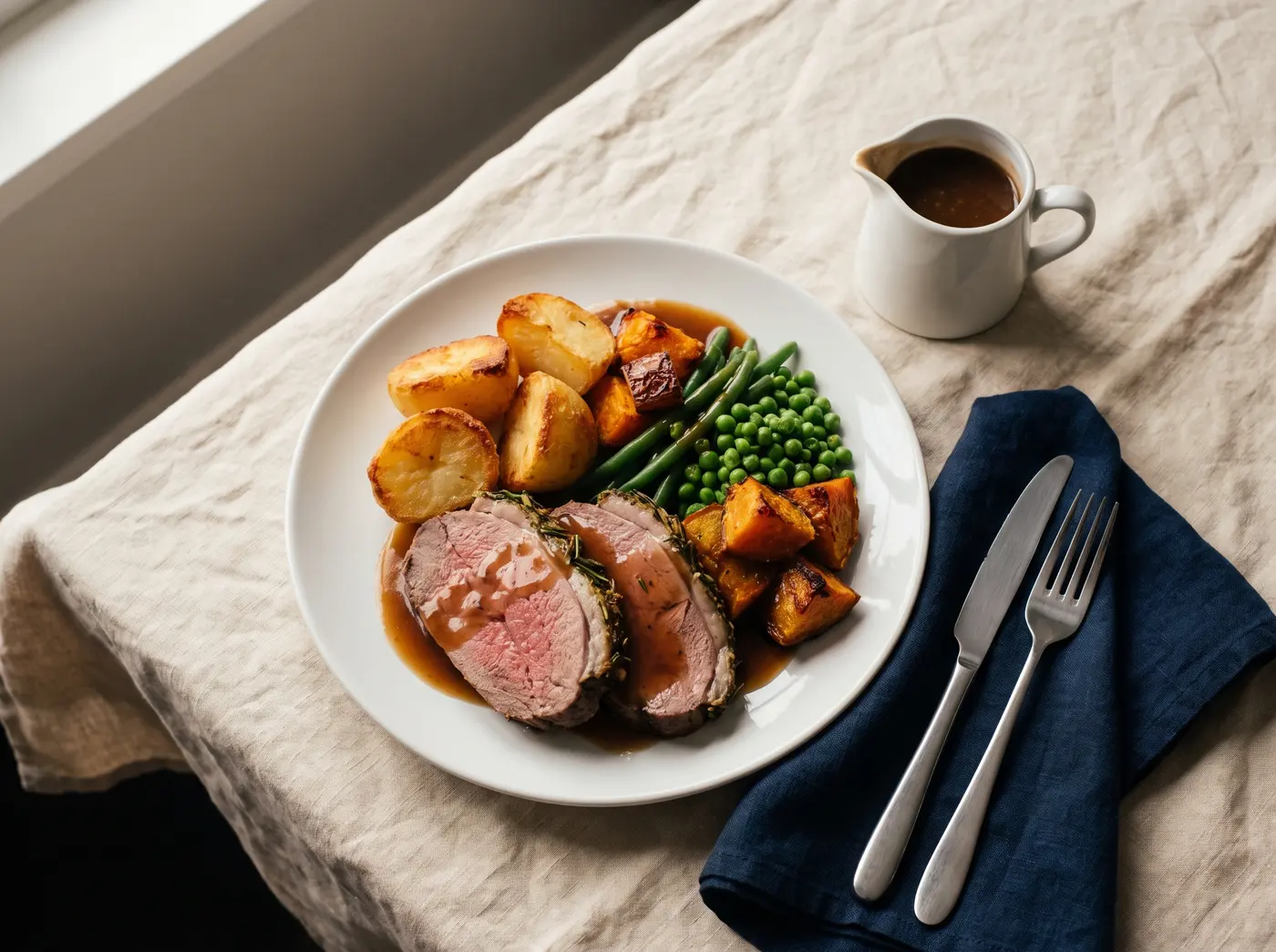 A roast dinner of lamb, roast potatoes, kumara and vegetables, served with a jug of gravy