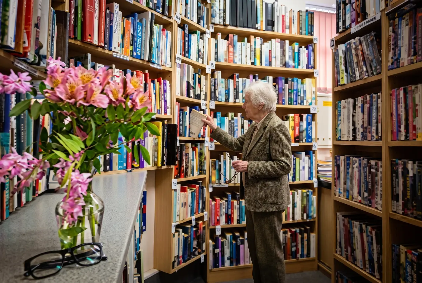 Someone browsing the shelves in the Birkenhead RSA library