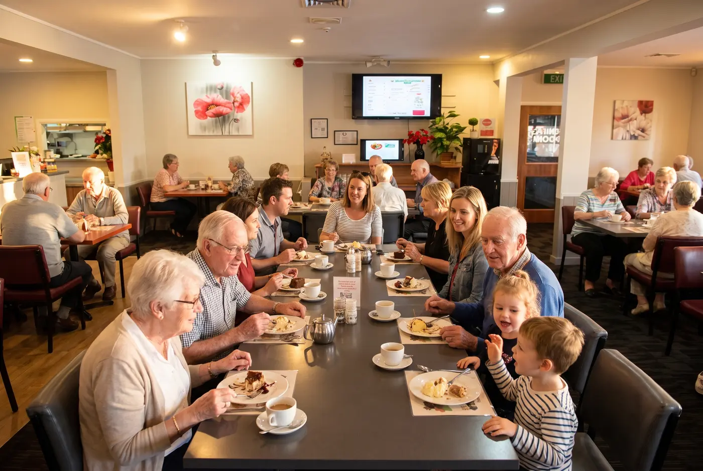 A shared meal in the Don Stott Memorial Restaurant dining room